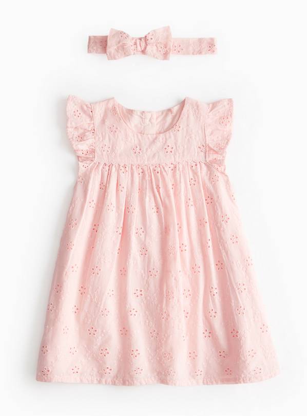 Pink Broderie Dress & Bow Headband  3-6 months